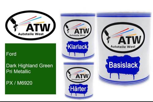 Ford, Dark Highland Green Pri Metallic, PX / M6920: 1L Lackdose + 1L Klarlack + 500ml Härter - Set, von ATW Autoteile West.